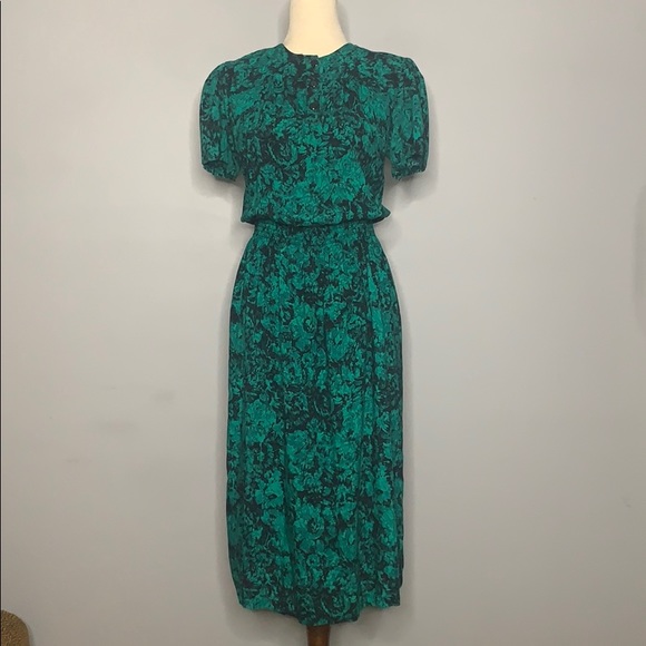 Vintage Dresses & Skirts - Vintage Green & Black Abstract  Blouson Dress 8